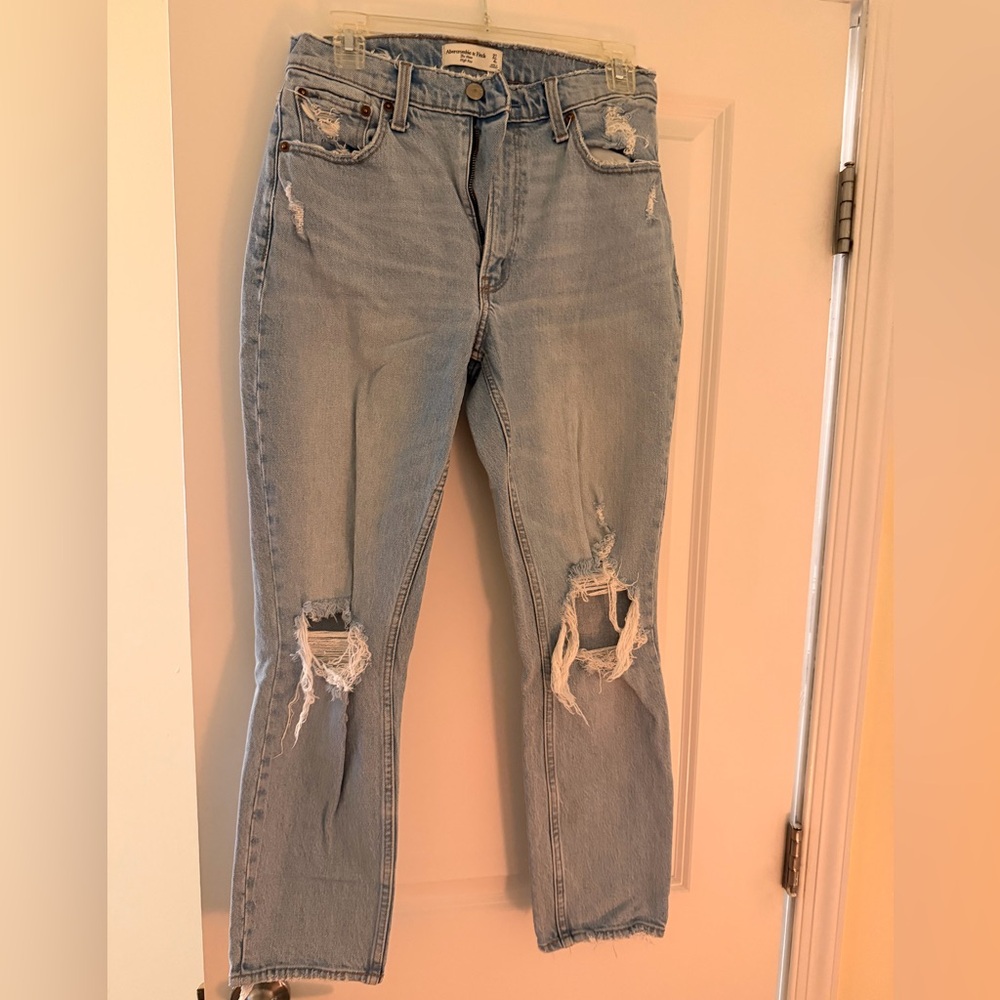 Abercrombie & Fitch Light Blue “The Mom High Rise” Distressed Jeans